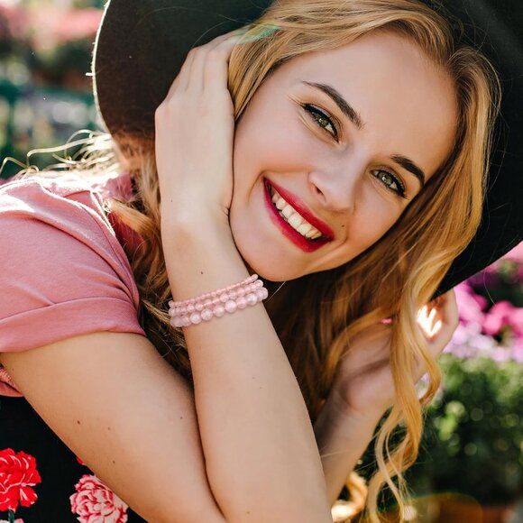 3 PCS 4,6,8mm rose quart Healing Natural Stone Beaded Stretch Bracelet for Women - Picture 4 of 6